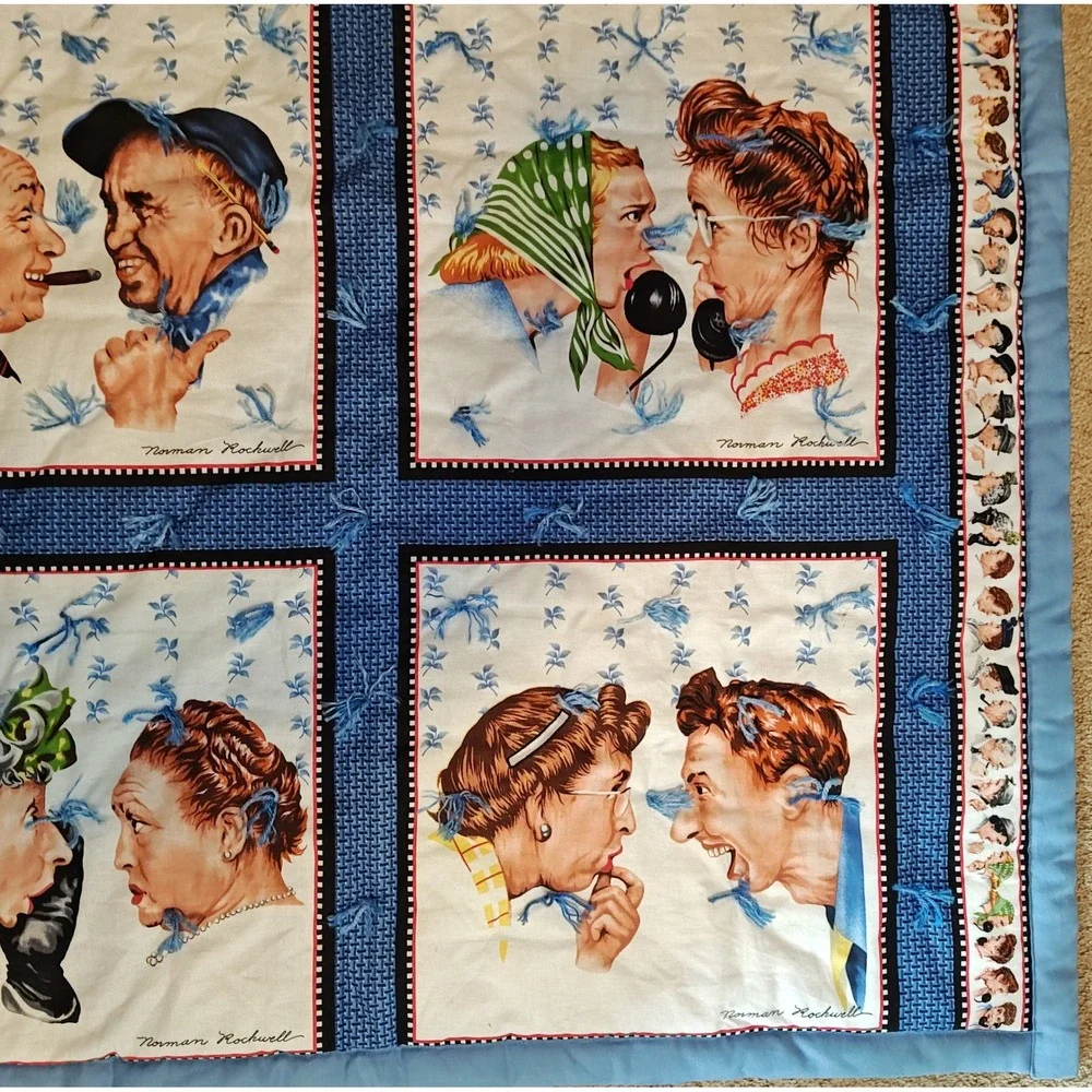 Norman Rockwell Tied Quilt wall hanging 51x43 Blue The Gossip Americana Folk Art